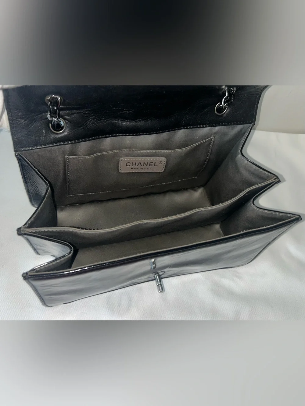 CHANEL Madison Medium Quilted Flap Shoulder Bag Patent Leather Black